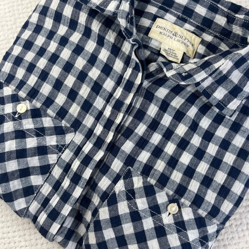 Denim & Supply Ralph Lauren Gingham Romper Navy Blue White XS Cotton Long Sleeve